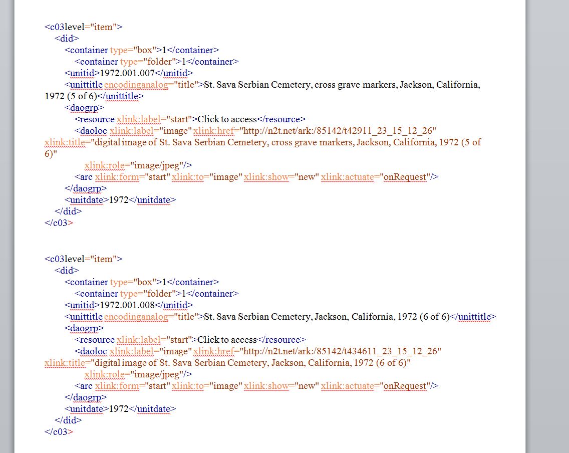 screenshot of sample completed XML container in a Word document