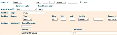 Figure 6. First part of 008/22 (Target audience) norm rule showing the condition that checks to make sure the LDR/06 (Type of record) format does not equal maps using Ex Libris’ internal abbreviations for record types where MP = LDR/06 (Type of Record) e or f.