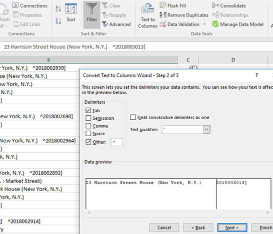 Figure 4. Isolate the control numbers in Excel using Text to Columns Wizard