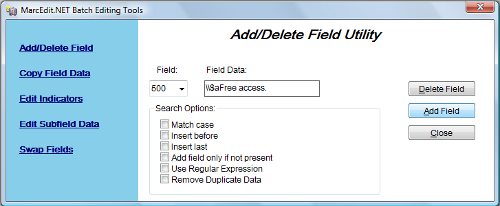 Figure 4: MarcEdit's Add/Delete Field Utility
