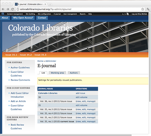 screenshot of Colorado Libraries showing menus and table of published volumes and issues