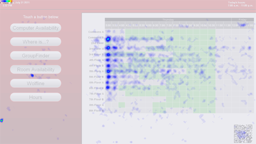 Figure 11: Heatmap of random touches to group study room availability display between Jan. 20, 2011 and July 21, 2011