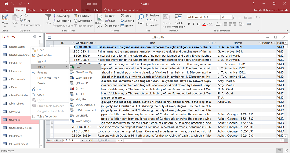 Figure 2: Exporting tblSaveFile from Microsoft Access