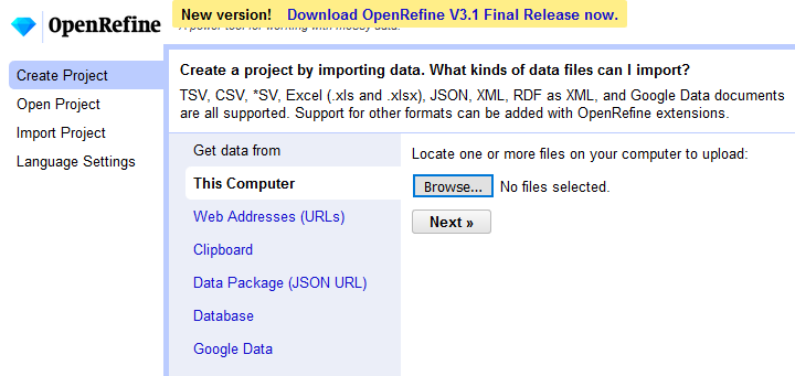 Figure 4. JSON-LD data fields were uploaded to OpenRefine using the ‘Browse’ files feature.