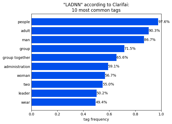 Figure 3. 'LADNN' according to Clarifai: 10 most common tags