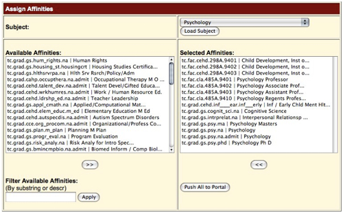 Figure 3:  Interface for Assigning Affinity Strings to Research QuickStart Subjects in LibData.