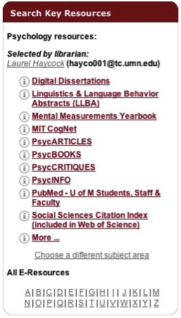 Figure 4:  Resource Recommendation Widget for a User with a Psychology Affinity String.