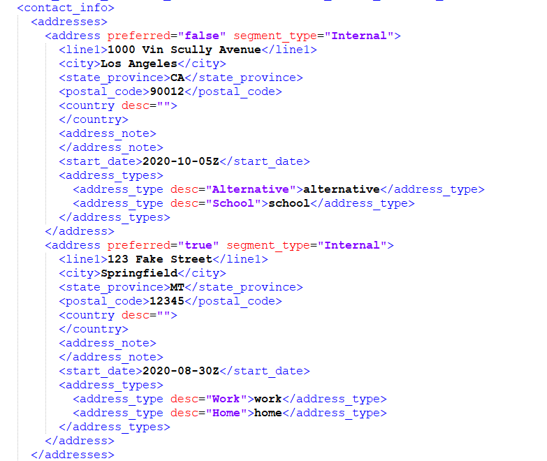 Sample of XML format for an Alma user record, address section