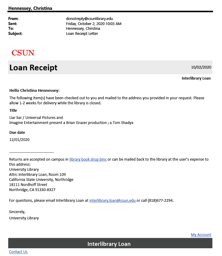 Loan Receipt Letter in Alma.
