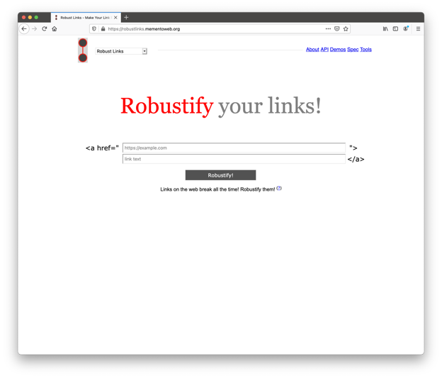 Figure 7: The Robust Links web application entry page.