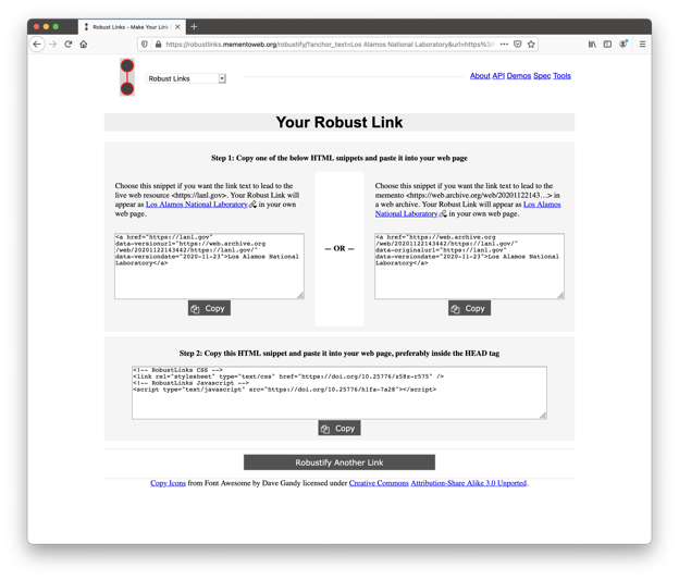 Figure 8: The Robust Links web application response page.
