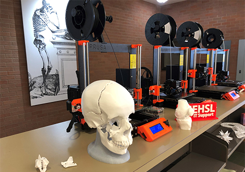 Prusa printer automated 3D printer “farm” along with printed anatomy pieces like “Yorick the Skull”