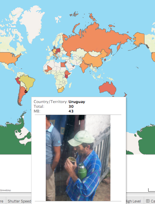 world map shading with density of photos, photo from Uruguay