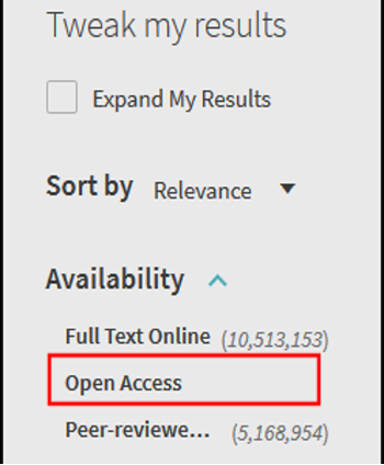 Open Access Facet in Primo.