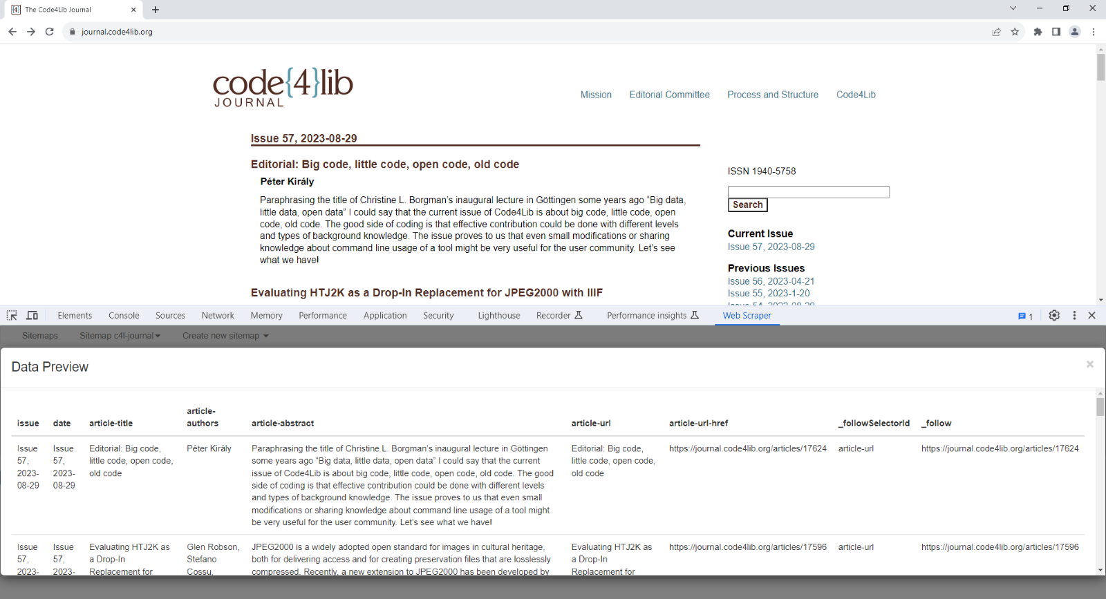 Screenshot of creating a sitemap to scrape articles from the current issue of Code4Lib Journal using the Web Scraper browser extension for Chrome.