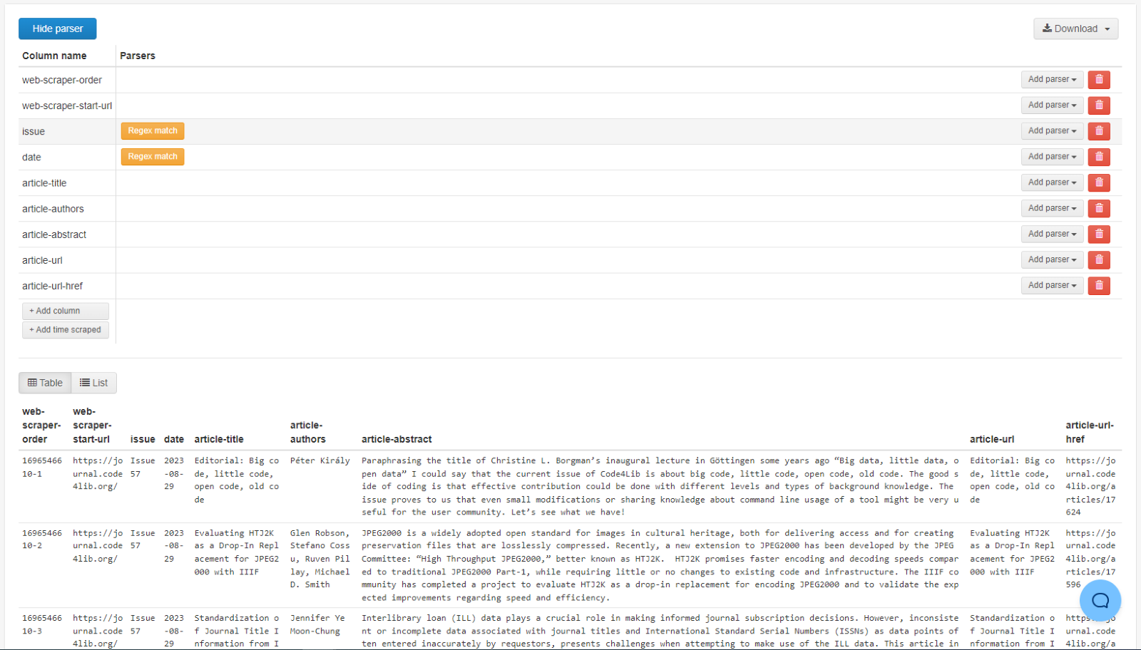 Screenshot of metadata preprocessing in Web Scraper Cloud.