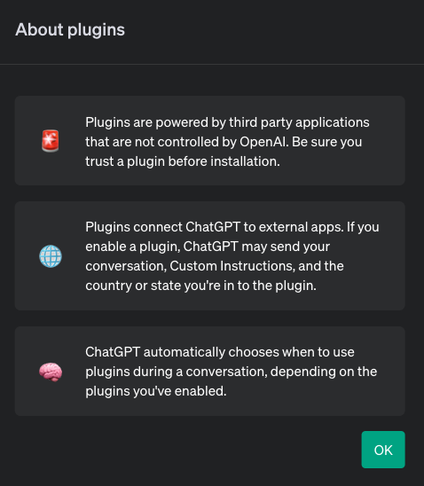 Image showing ChatGPT about plugins information.