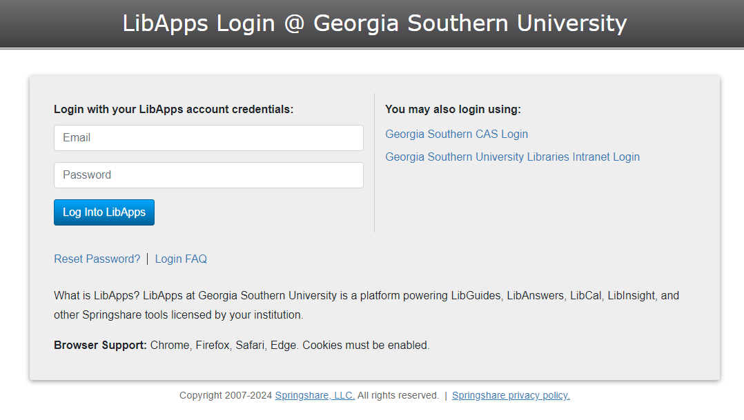 Screenshot of the login page a user sees for a Restricted Group.  The left side of the screen has a place to enter the LibApps account credentials which are stored within LibGuides/LibApps.  The right side of the screen provides a link with an option to login using Georgia Southern CAS login.