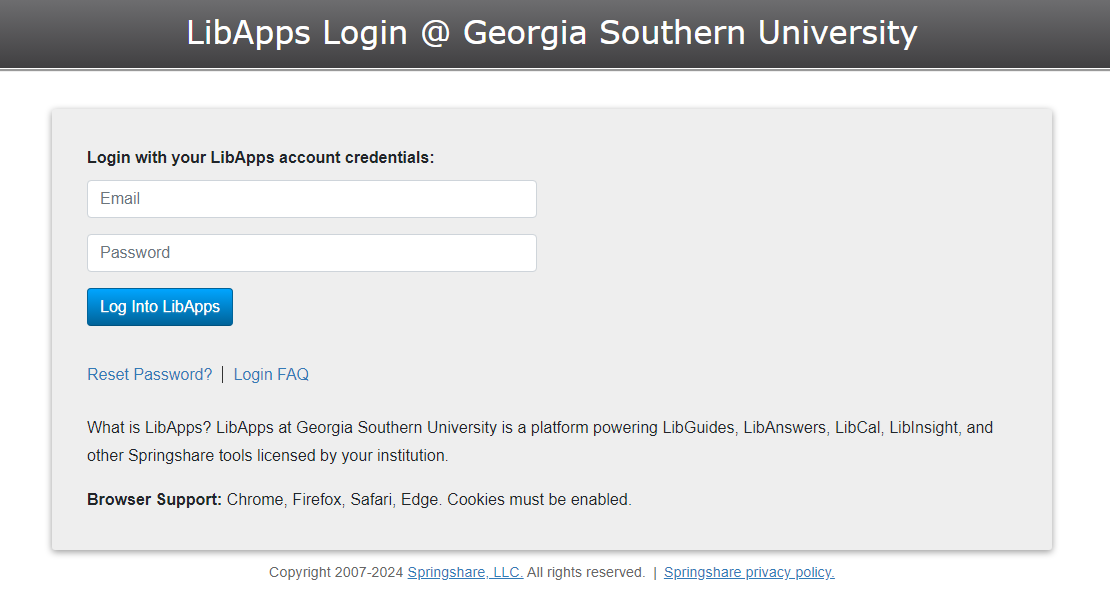 Screenshot of the login page a user sees for an Internal Group.  The left side of the screen has a place to enter the LibApps account credentials which are stored within LibGuides/LibApps.  The right side of the screen is blank.  No option for CAS login is provided anywhere on this screen.