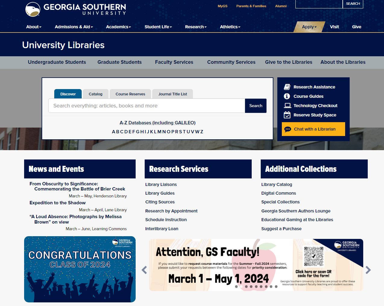 Screenshot of the Georgia Southern University Libraries' homepage on the public website.  A feed for News and Events is pulling from the LibCal calendar and is displaying all events which have been added to the Ready to Appear on Library Homepage Category in LibCal.