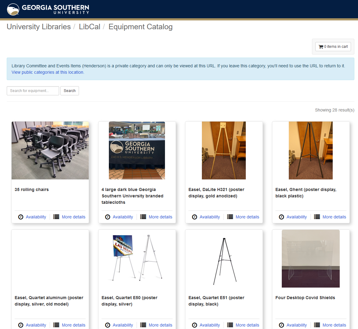 Screenshot of the equipment reservation system.  There is a photo and label of each item which is available for reservation, and clicking the photo or label goes to a reservation screen for that item.  Items shown include 35 rolling chairs, 4 large dark blue Georgia Southern University branded tablecloths, various easels, and four desktop COVID shields made of clear plexiglass barriers.  This is a screenshot of some items.  Many more items are available.  It demonstrates that any type of event planning item is included, without emphasis on technology items and without being limited to a single department's focus.