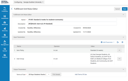 Screenshot of the editing interface for one of the logic rules from Figure 2. The ‘Name’ field reads, ‘IP:005: Standard (4 weeks for students+community)’. The ‘Description’ field reads, ‘[IP] [RULES: User=A,D; IP=Standard]’. Those are both open text fields where any value can be typed in - basically both names and not actual settings. Below, in an area of the editing interface named ‘Input Parameters’, the logic rules have been built out. The logic rules are: When ‘Item Policy’ ‘In List’ has Value of ‘Standard (4 weeks)’ AND ‘User Group’ is ‘In List’ of Values ‘(A) East Georgia Students, (A) GaSoU Students, (A) GHP Fac & Staff, (A) Medical College of GA Students, (D) Community, (D) GHP Students’ . Below that, in an area of the editing interface named ‘Output Parameters’ a drop down menu for Terms of Use shows that ‘28 Days Students Stacks [Inst., Loan]” has been selected in the drop down as the output.