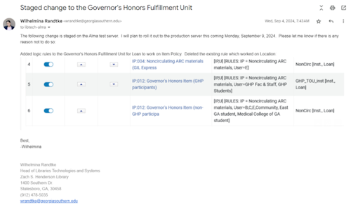 An email announcement to an internal LISTSERV sent September 4, 2024 and reading, ‘The following change is staged on the Alma test server. I will plan to roll it out to the production server this coming Monday, September 9, 2024. Please let me know if there is any reason not to do so: Added logic rules to the Governor's Honors Fulfillment Unit for Loan to work on Item Policy. Deleted the existing rule which worked on Location:’ followed by a screenshot of Alma showing the added circulation logic rule.