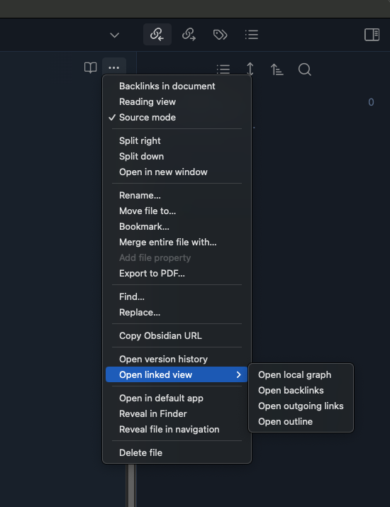 Figure 2: This screenshot shows the More Options menu, and the different views available to show how notes are linked together in Obsidian